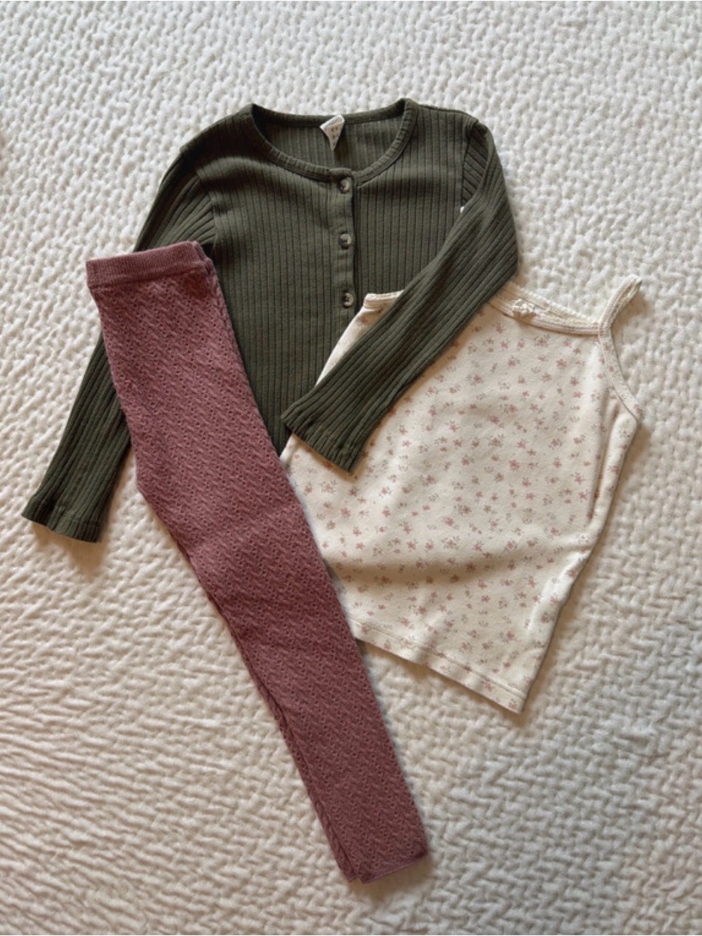 Zara Olive Green Ribbed Button Cardigan with Pink Leggings Set